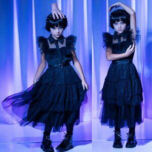 Girls Wednesday Prom Dance Tulle Costume Dress with Belt